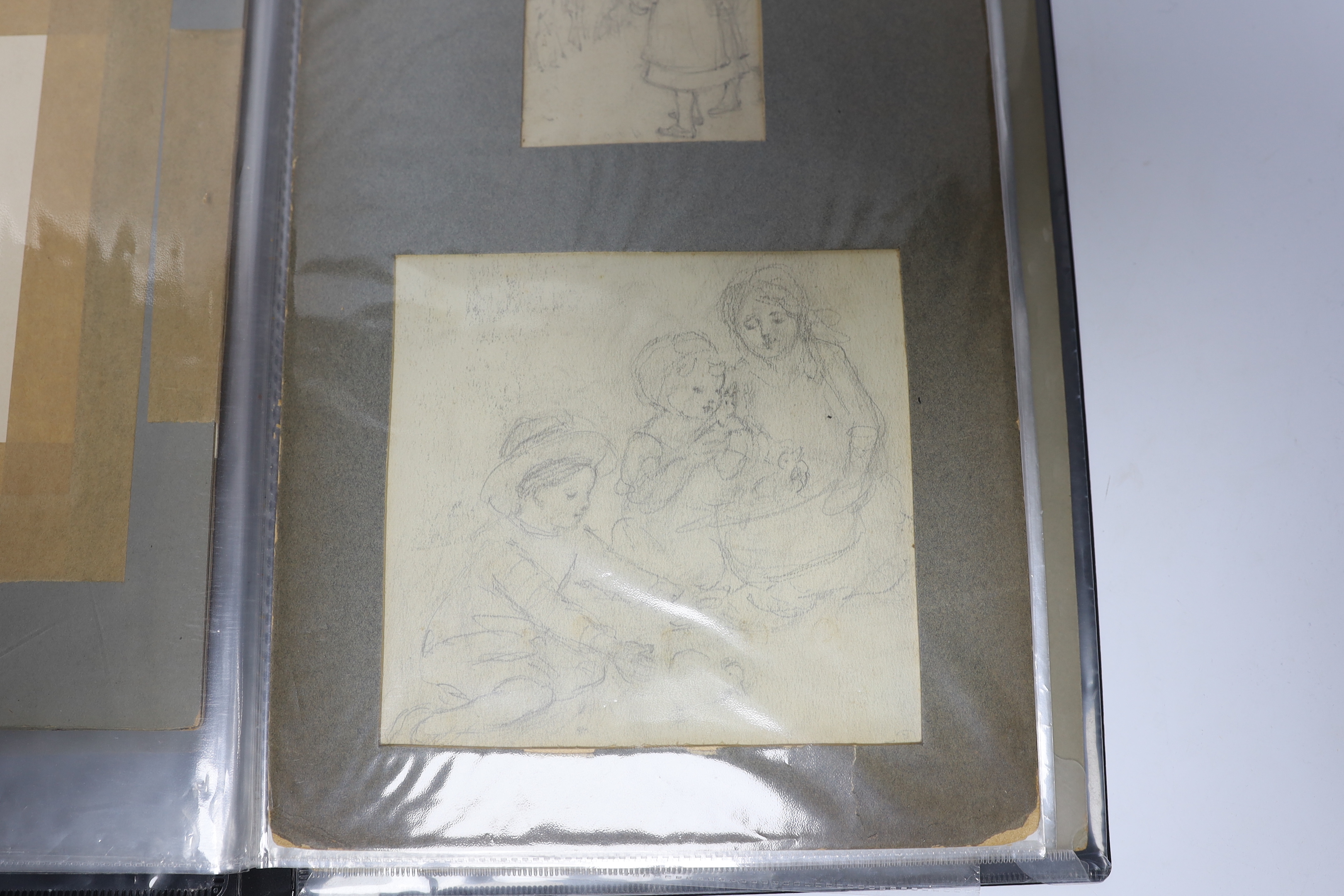 Folio of 18th / 19th century and later pen, ink and pencil sketches, Figural studies, children and putti, one inscribed ‘Ann. Carracino’ in ink verso, unframed, some mounted, largest 22 x 13cm